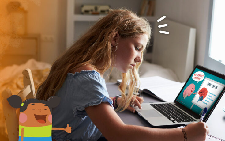 Student at computer watching Ask, Listen, Learn video