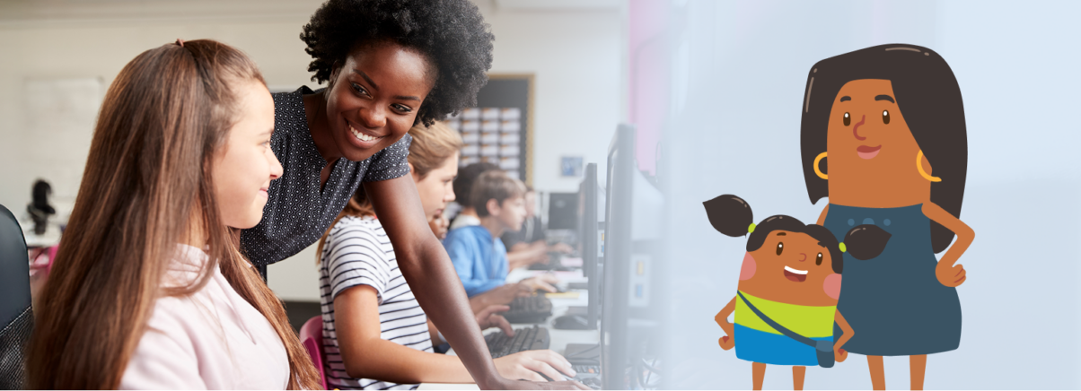 A teacher smiles at a student and leans on the desk. The student is sitting at her computer.